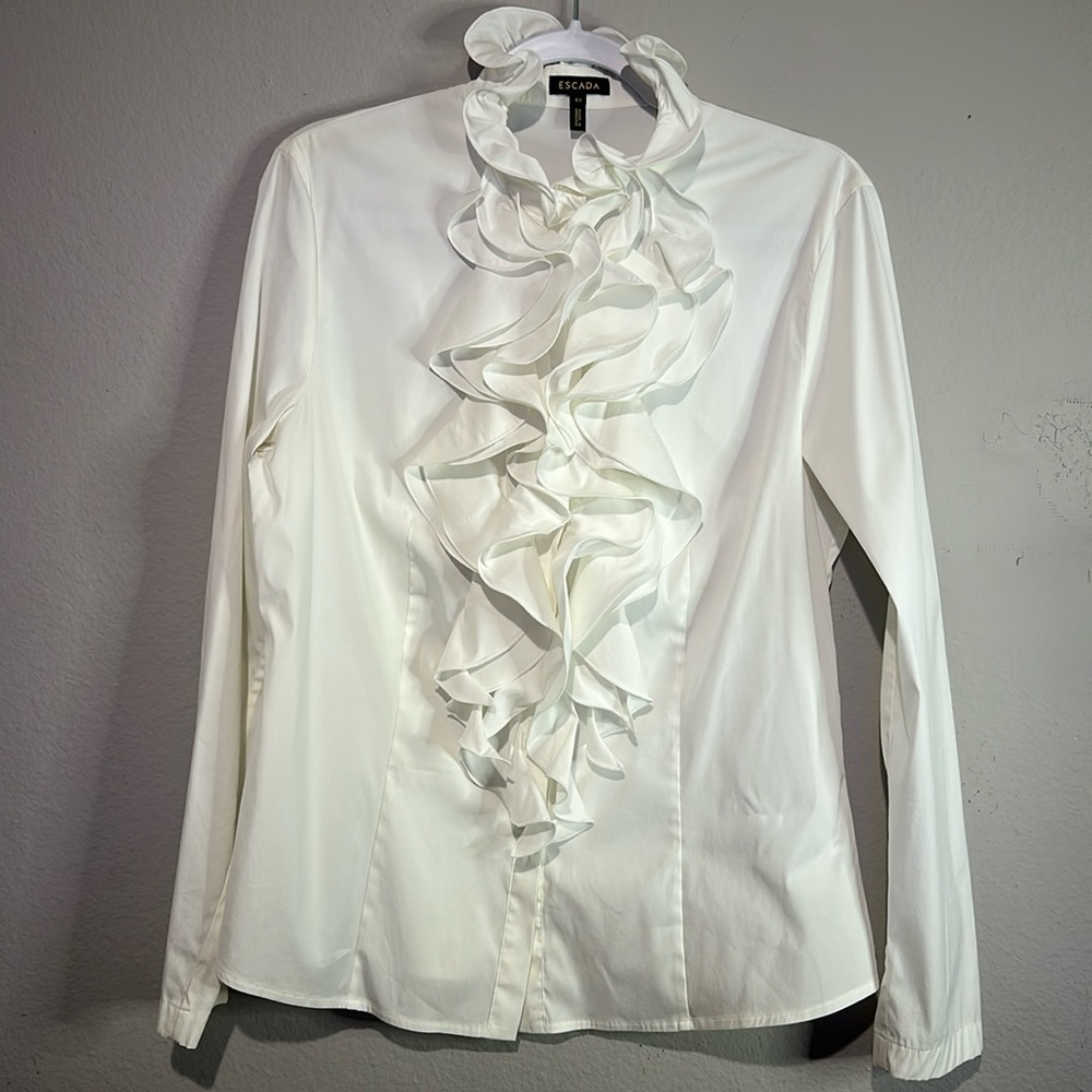 Escada White Button Down Ruffle Blouse Size 42 / 12